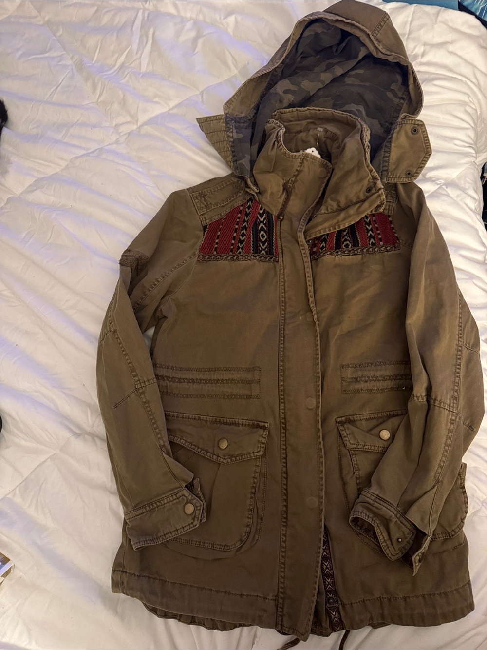 Kids Hooded Field Jacket in Olive with Aztec Trim